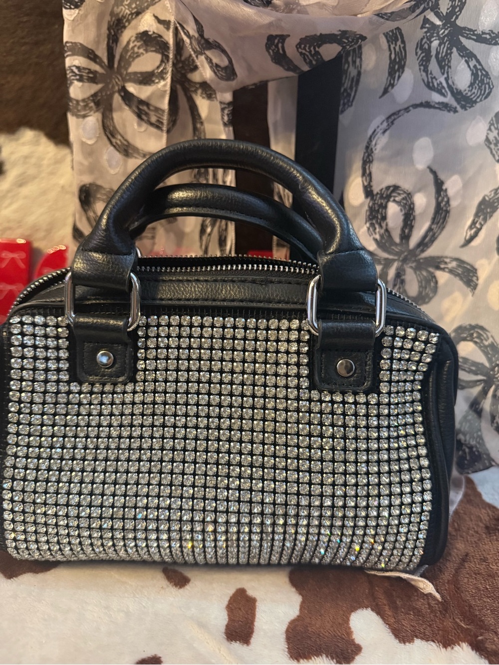Crystal-Front Black Mini Handbag with Top Handles